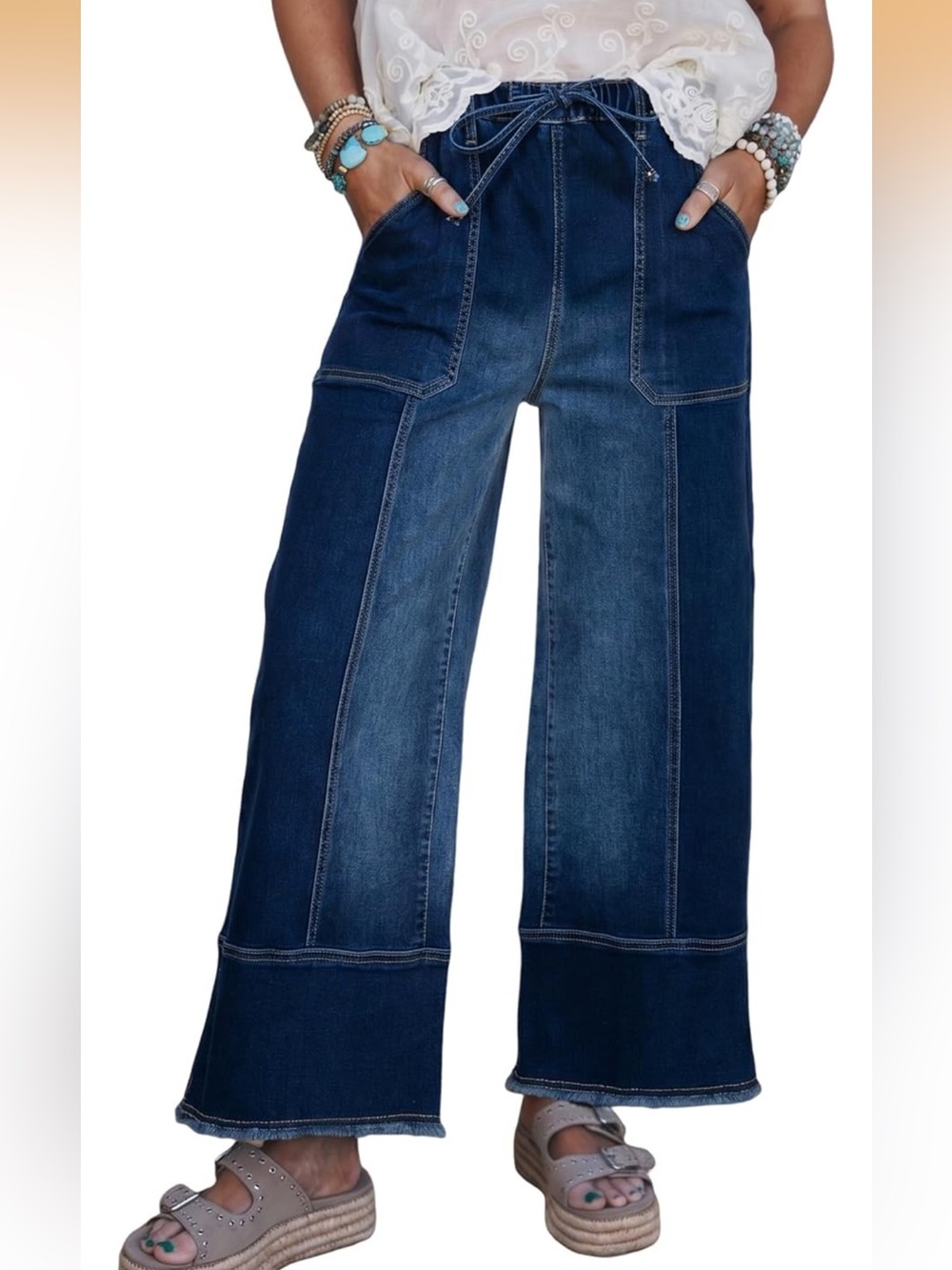 Wide Leg cropped Denim Jeans - Dark Blue